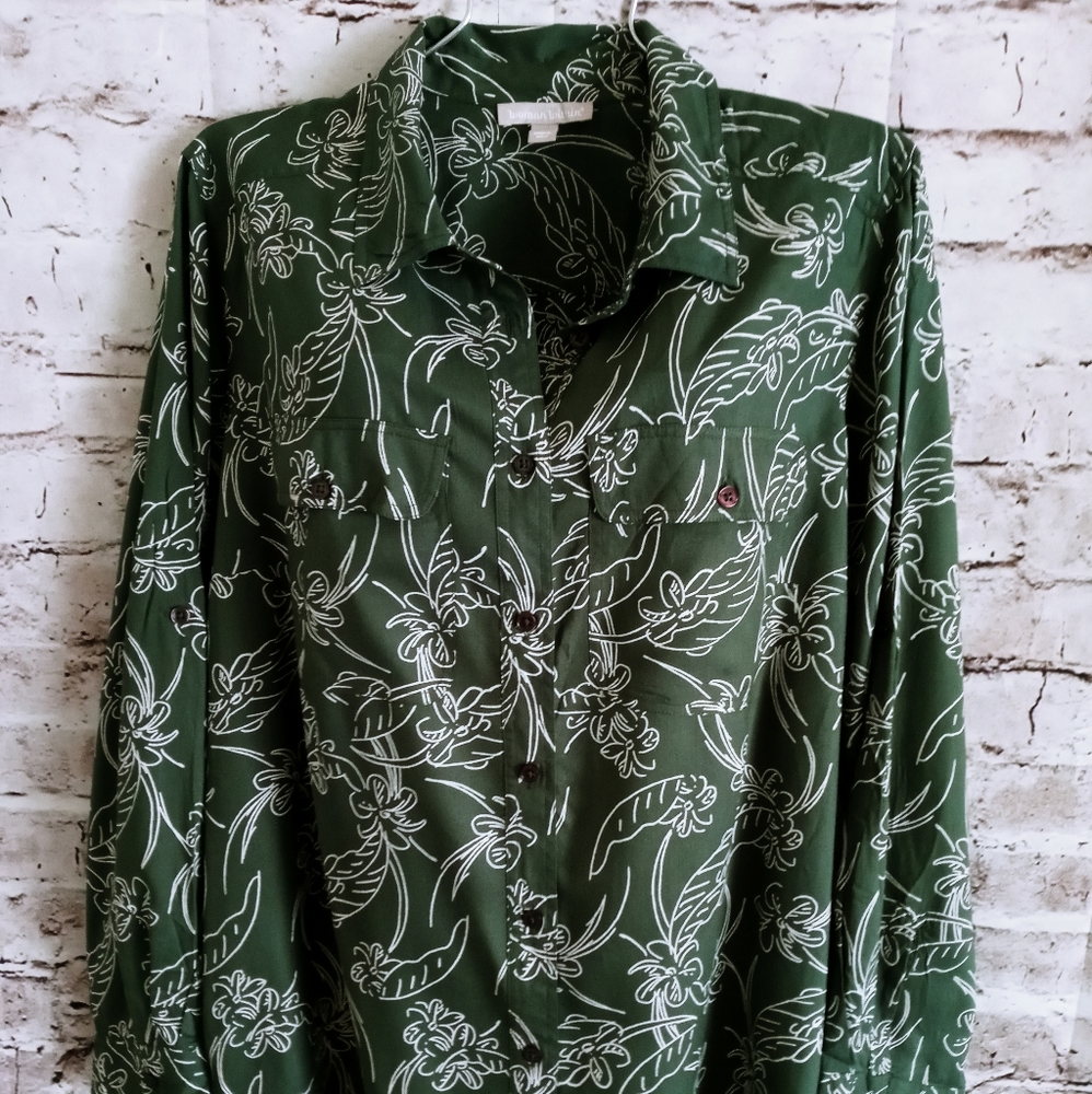 Woman Within Women's Plus Size Cotton Campshirt Shirt 18/20 Hawaiian Green